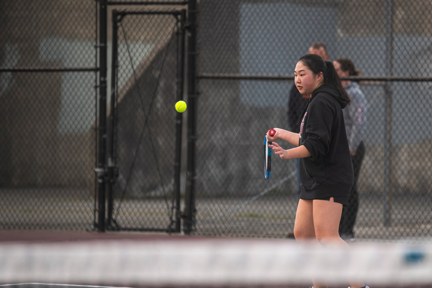 W.F. West's third singles player Laura Yip prepares for a forehand during a match against Washougal in Chehalis on Wednesday.