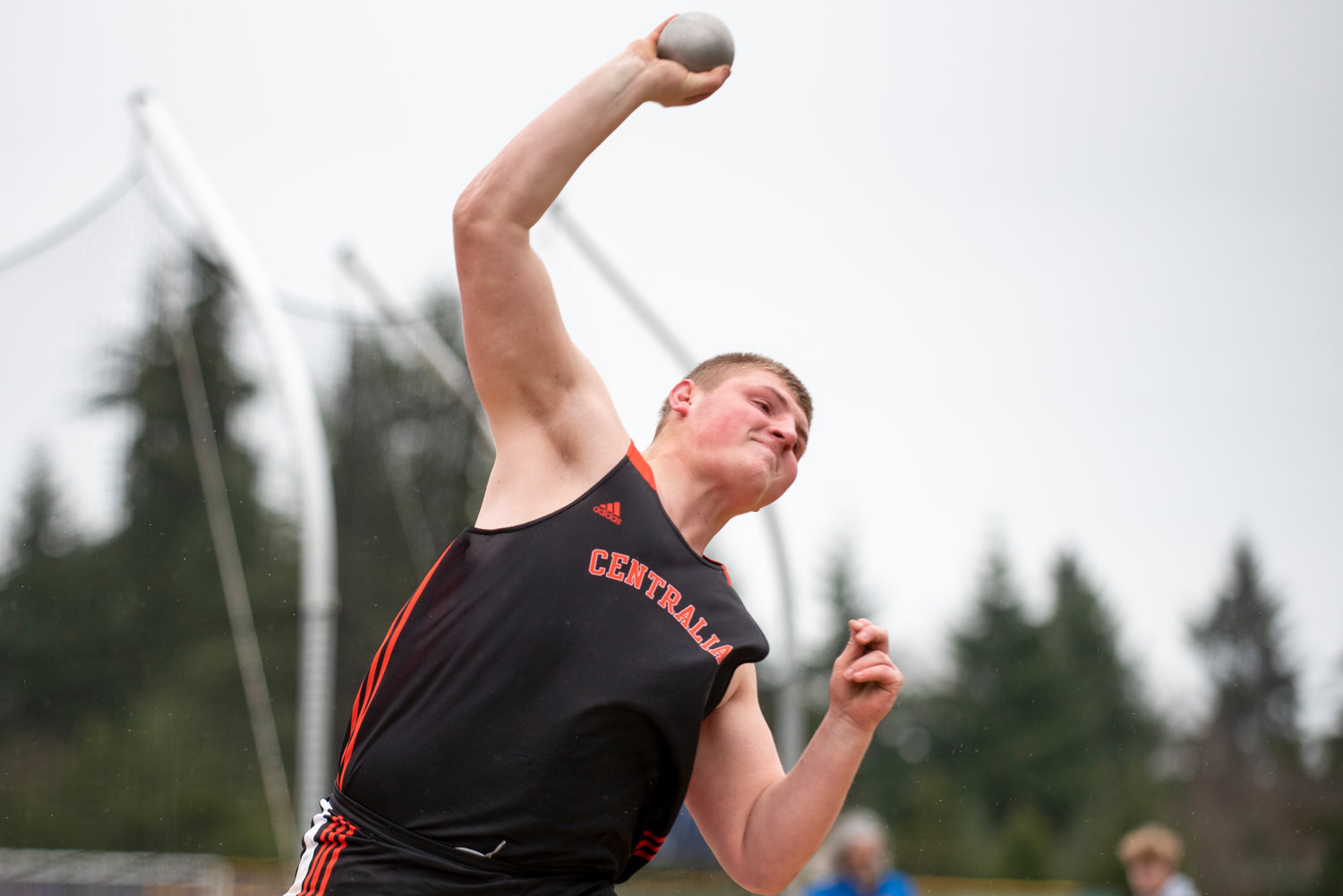 Centralia's Willie Stinkeoway tosses the shot put during a meet at Rochester on March 17.