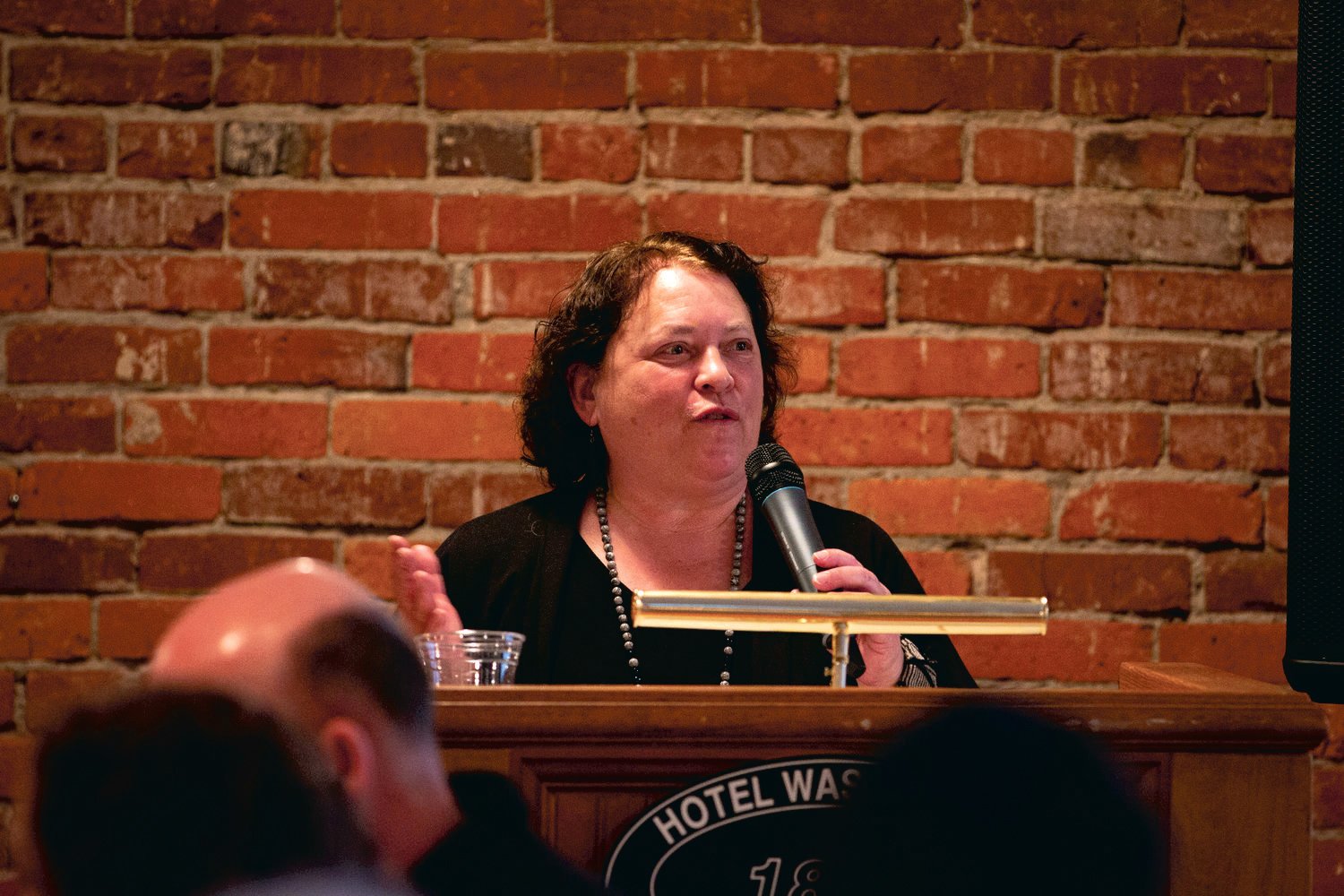 Cynthia Mudge speaks Friday night at the Centralia-Chehalis Chamber of Commerce banquet after being announced as the new executive director of the organization.