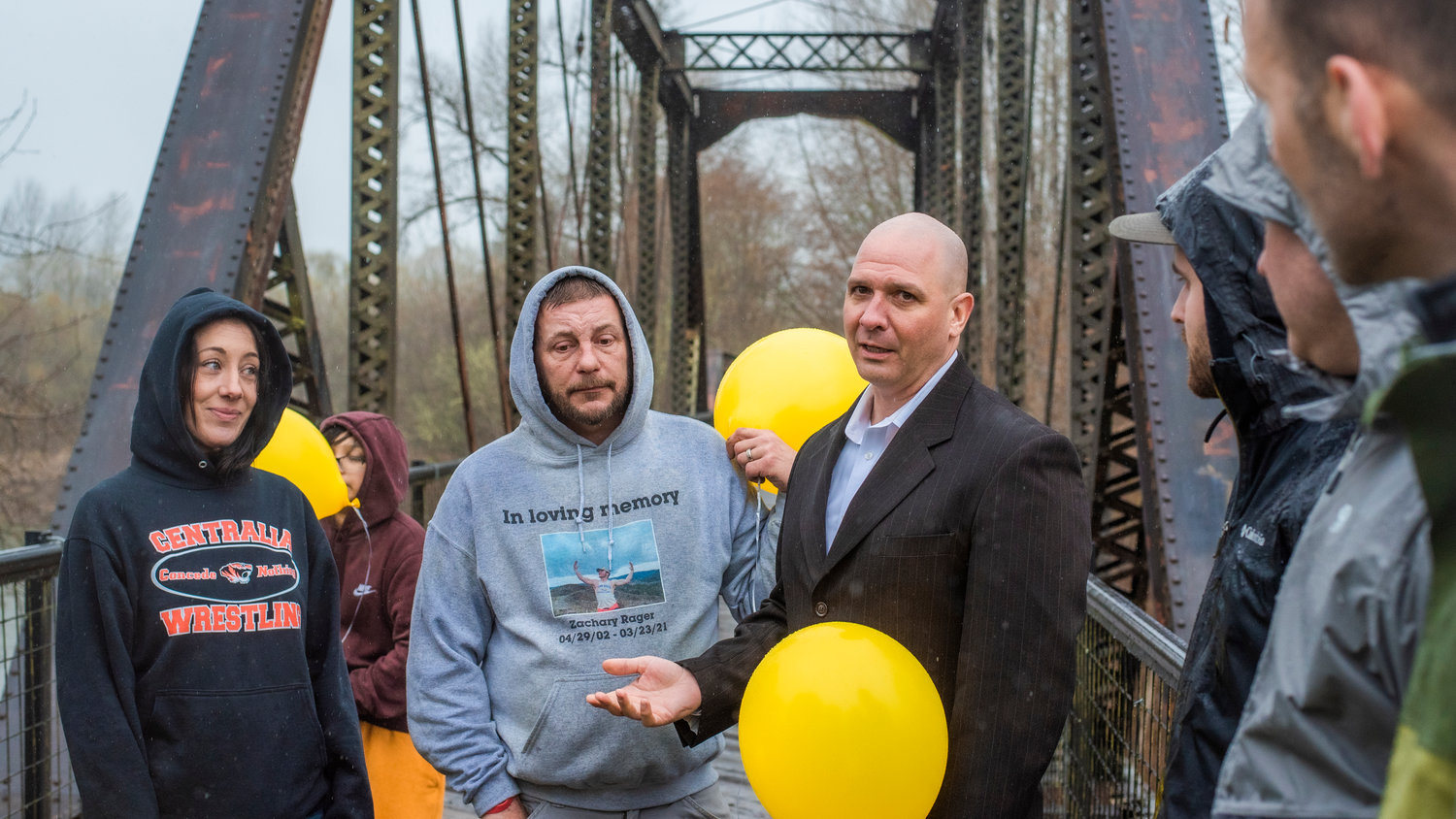 State Rep. Peter Abbarno talks about “Zack’s Law” before releasing balloons in remembrance of Zachary Rager Wednesday afternoon along the Willapa Hills Trail.