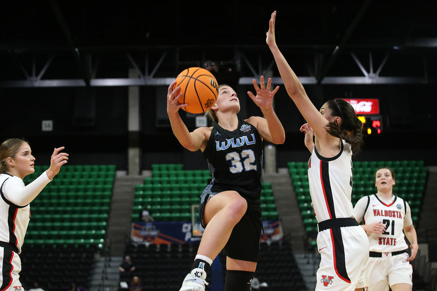 Napavine alum Mollie Olson (32) drives to the hoop for Western Washington University during the Vikings' win over Valdosta State in the NCAA Division II Women's Elite Eight tournament in Birmingham, Alabama on March 21.