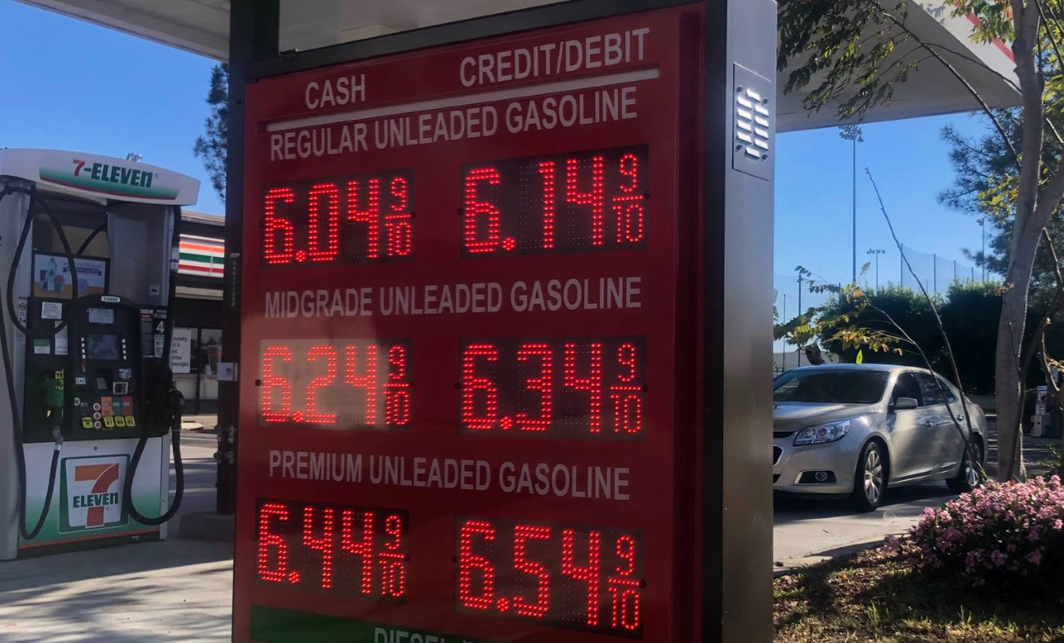 Prices posted at a gas station in the Linda Vista neighborhood of San Diego, in late March. The average price for regular gasoline in California remains near its record high of $5.919 a gallon, recorded on March 29, 2022. (Rob Nikolewski/San Diego Union-Tribune/TNS)