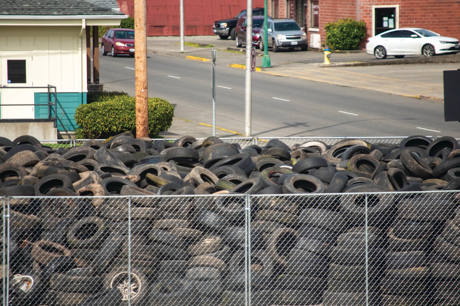 Tires sit in Centralia waiting to be hauled away after a Lewis County Solid Waste Utility district “Tire Amnesty” event earlier this year.
