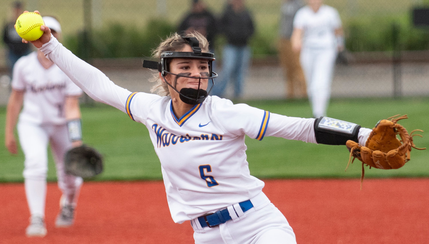 Rochester junior Sadie Knutson winds up to deliver a pitch to Ridgefield in the district semifinals on May 6, 2021.