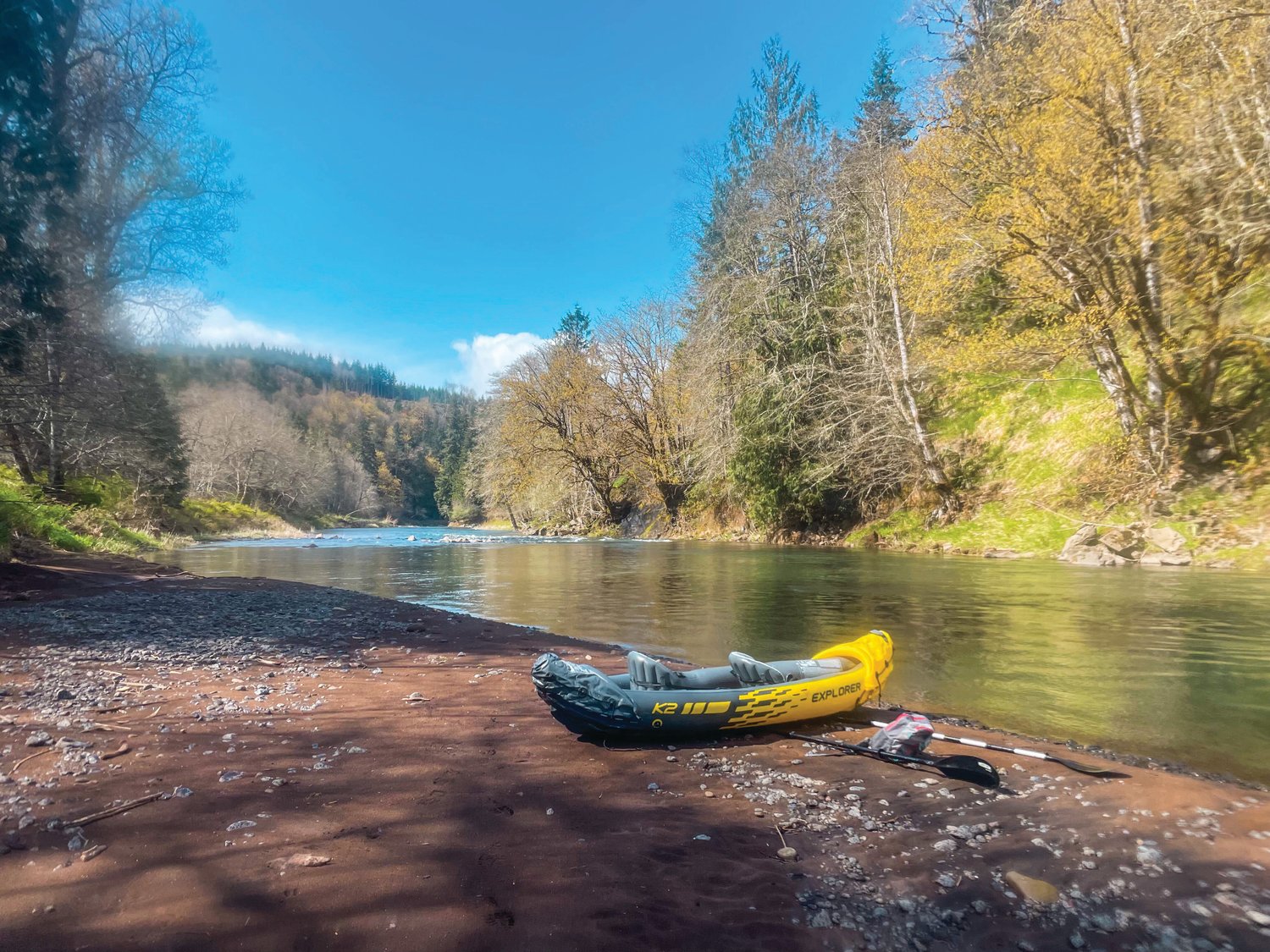 A kayak rests on shore of the Chehalis River on Saturday during the Pe Ell River Run.