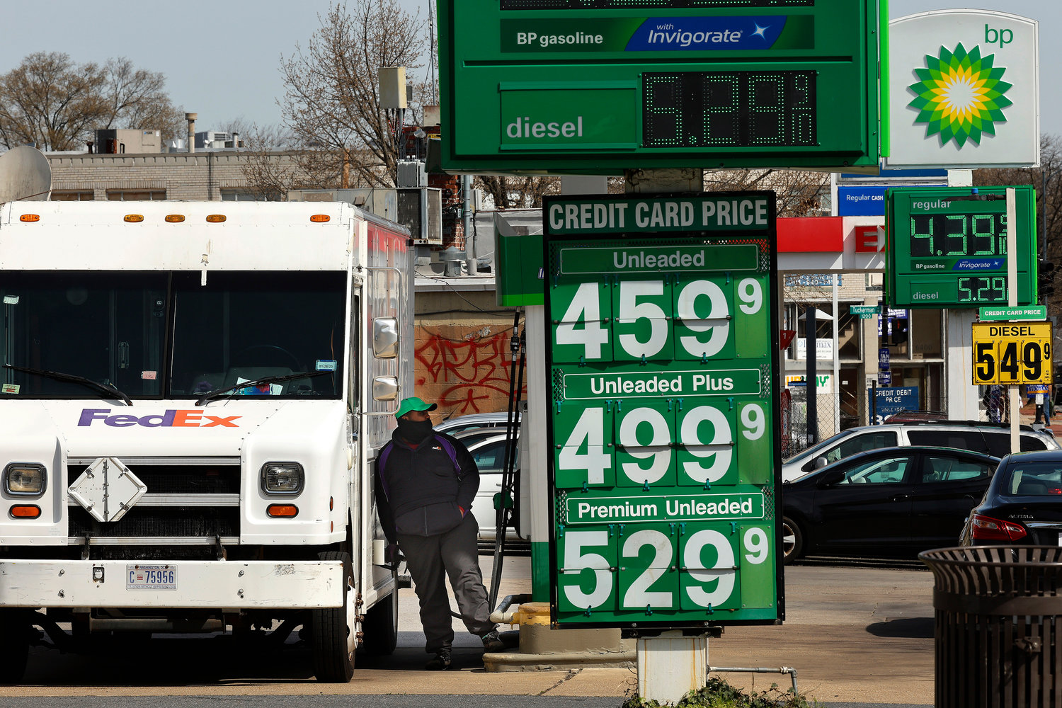 Gasoline prices hover around $4.00 a gallon for the least expensive grade at several gas stations in the nation's capital on April 11, 2022, in Washington, D.C. (Chip Somodevilla/Getty Images/TNS)