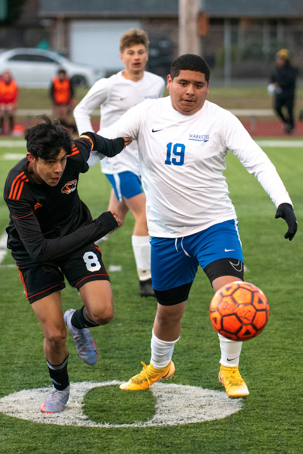 Centralia's Fernando Lopez (8) and Rochester's Ivoc Castillo (19) battle for the ball during a league game in Centralia on April 12.