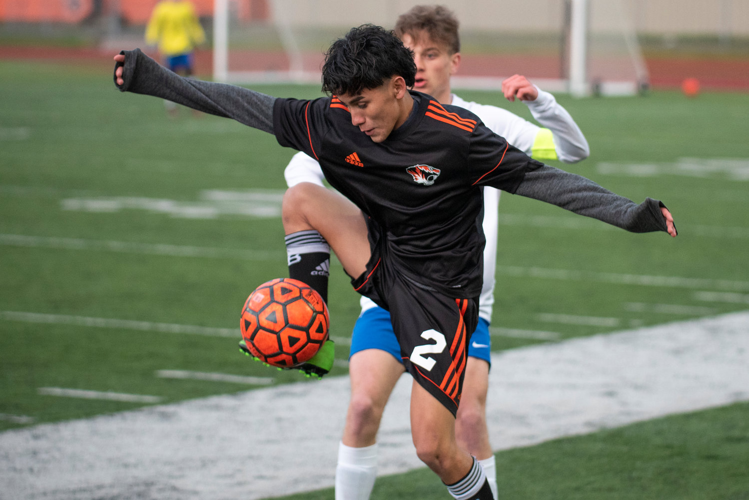 Centralia's Brayan Orellana-Gamez (2) corrals the ball during a home game against Rochester on April 12.
