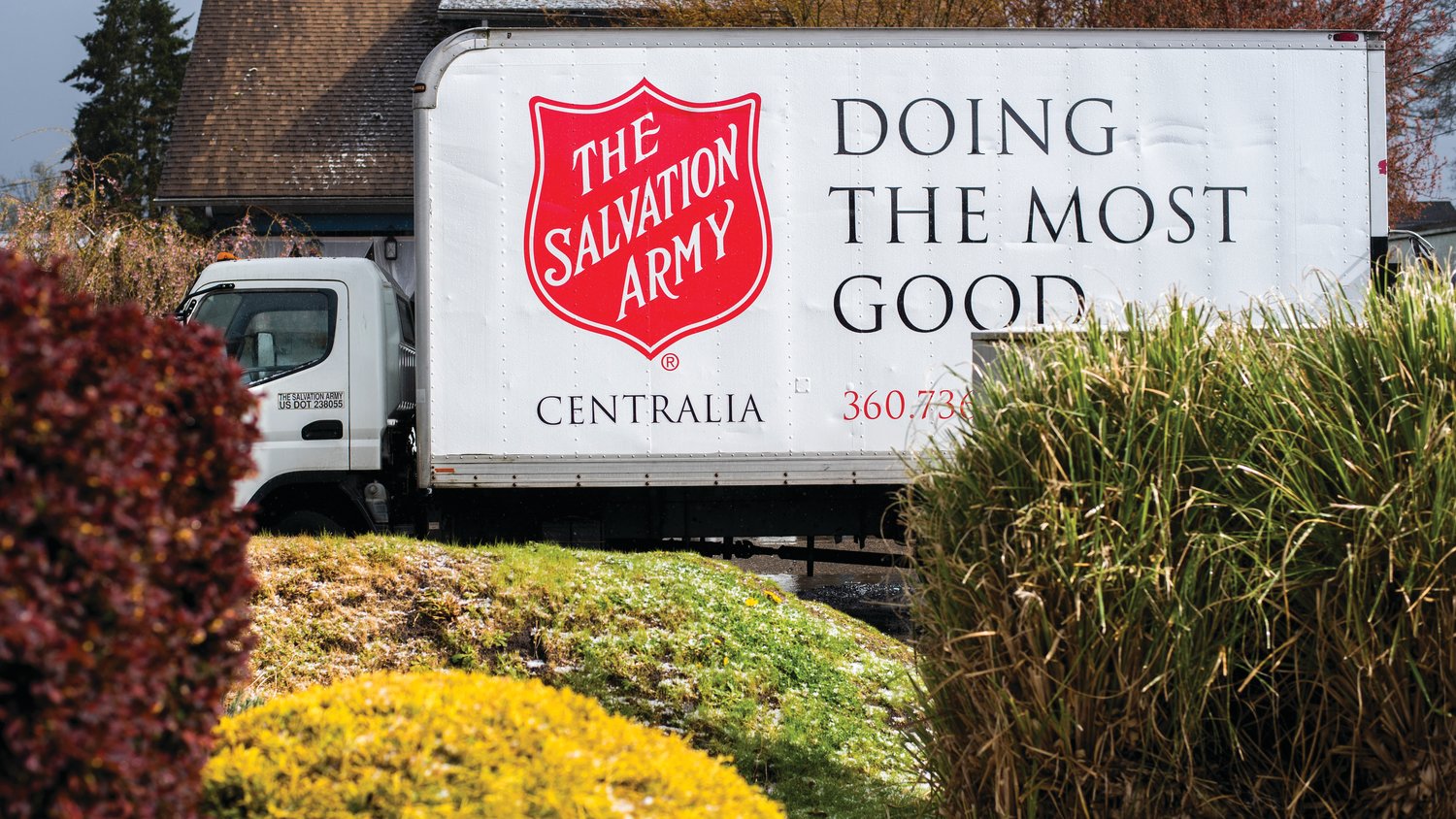 The Salvation Army semi containing items for residents of the Chehalis Avenue Apartments is seen parked along Southwest 3rd Street.