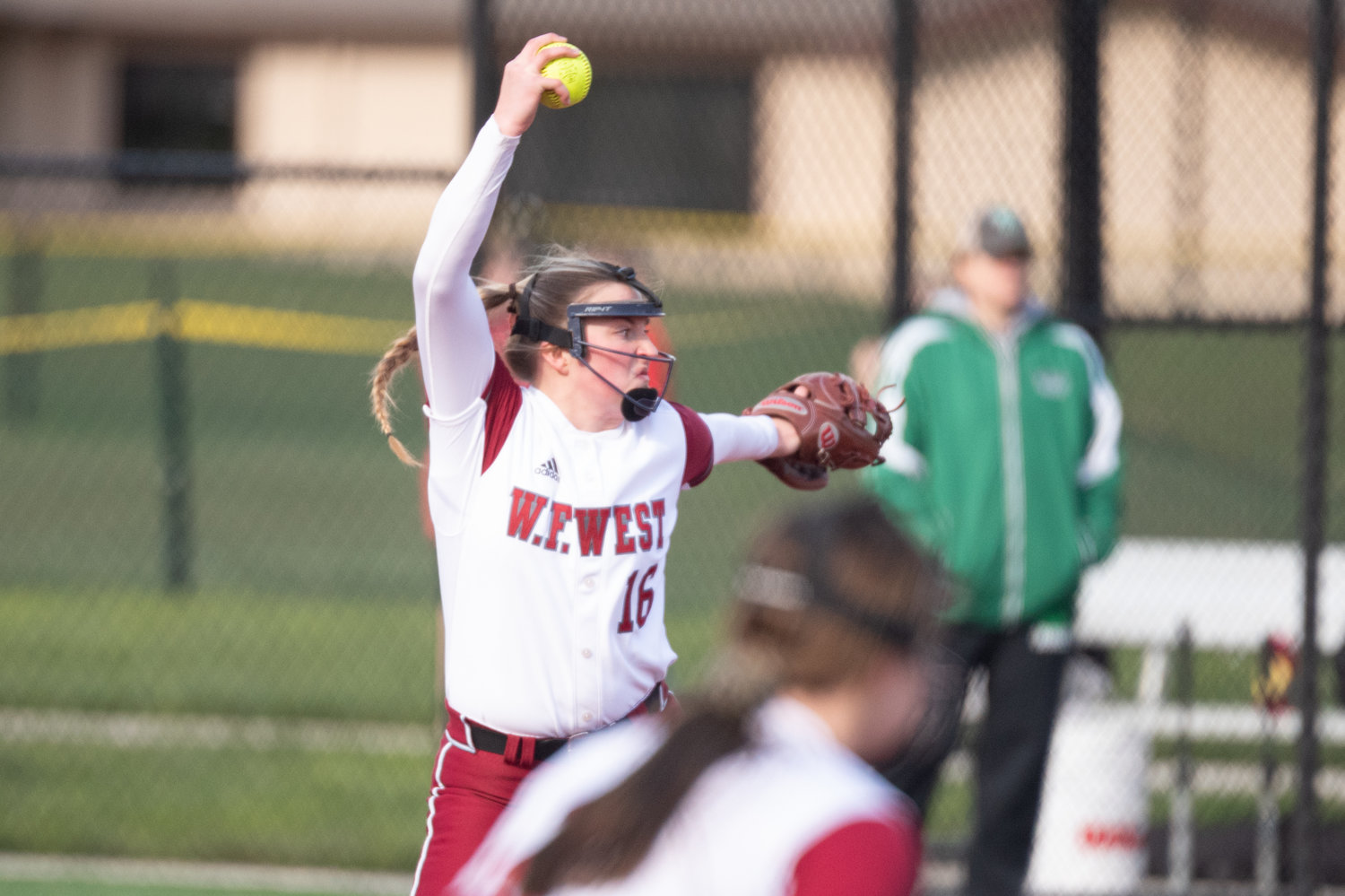 W.F. West senior Kamy Dacus sends a pitch off against Tumwater at Recreation Park in Chehalis April 15.