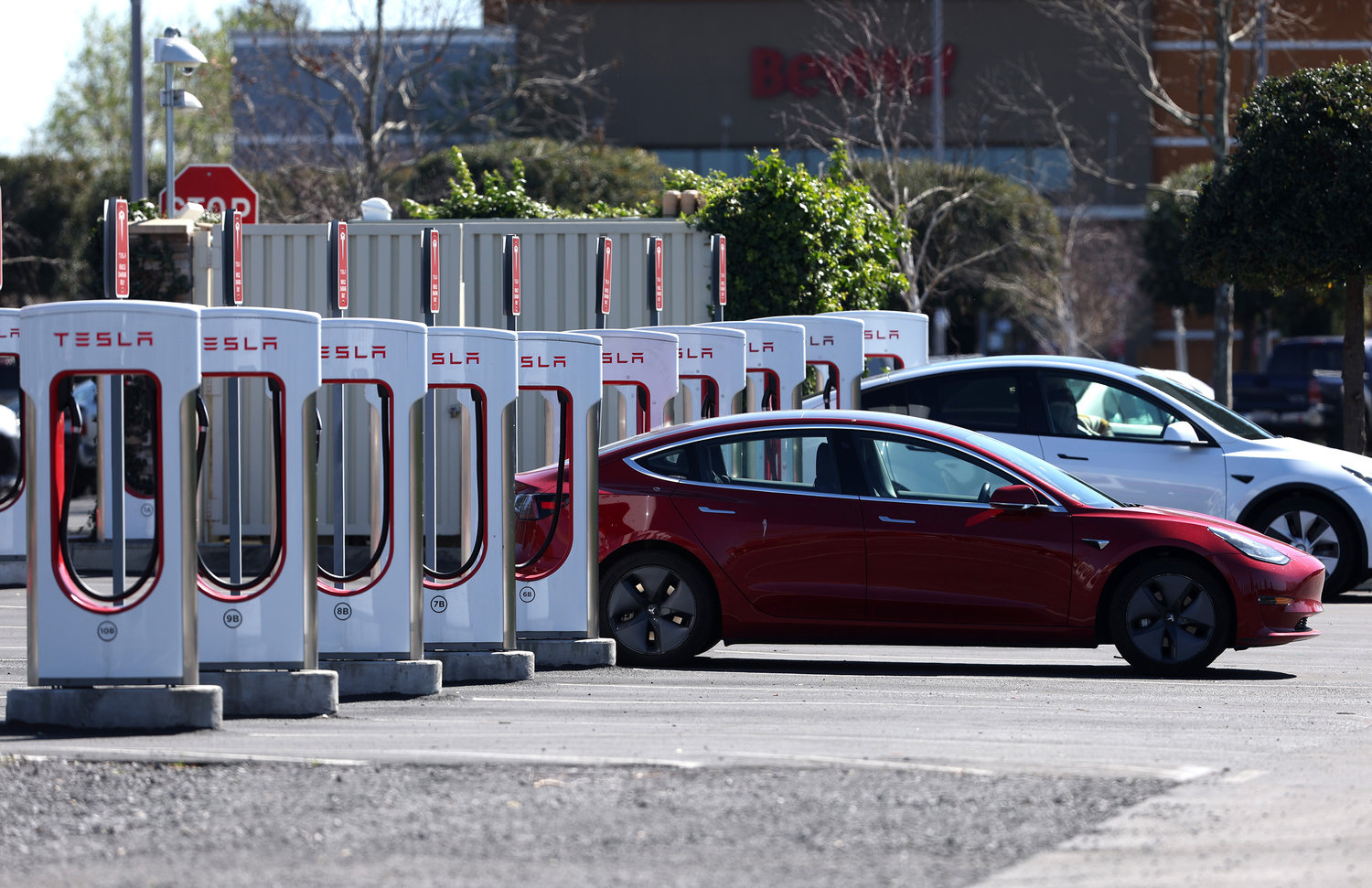A Tesla car recharges its battery at the Petaluma Supercharger on March 9, 2022, in Petaluma, California. (Justin Sullivan/Getty Images/TNS)