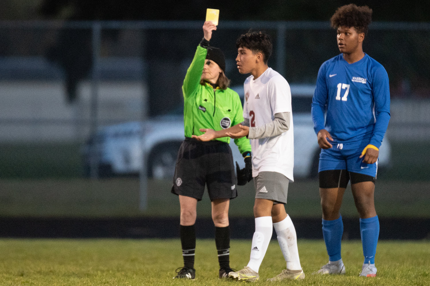 W.F. West's Adrian Jaimes is handed a yellow card after his goal against Rochester April 19.