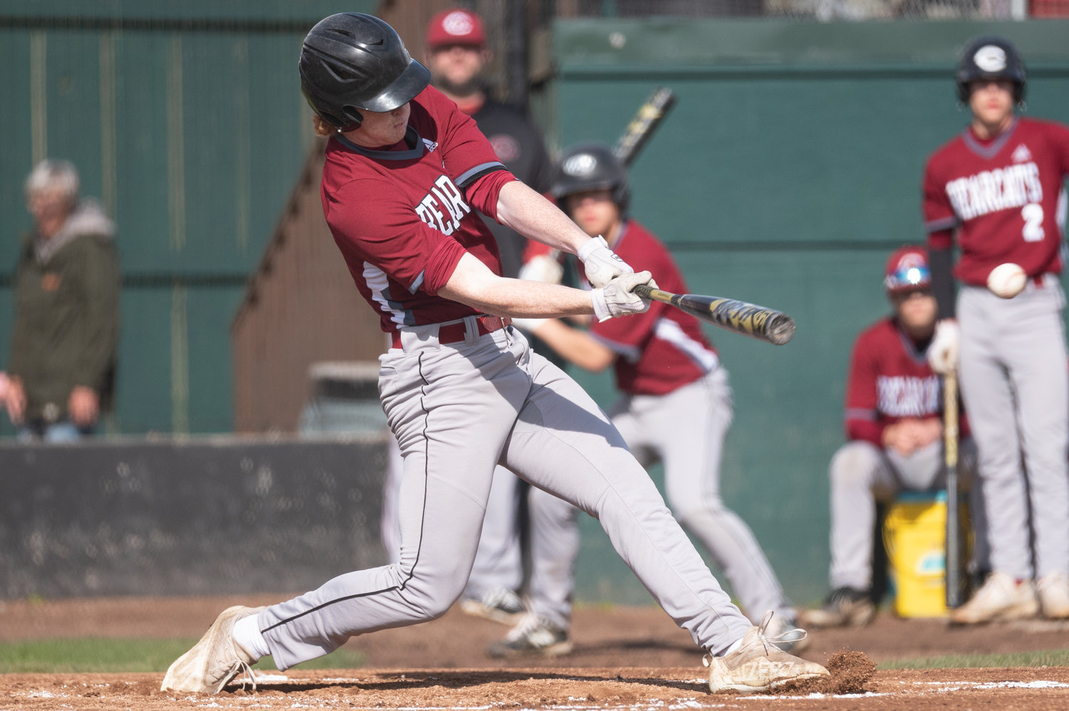 W.F. West's Logan Moore swings at a pitch against Centralia at Ed Wheeler Field April 22.