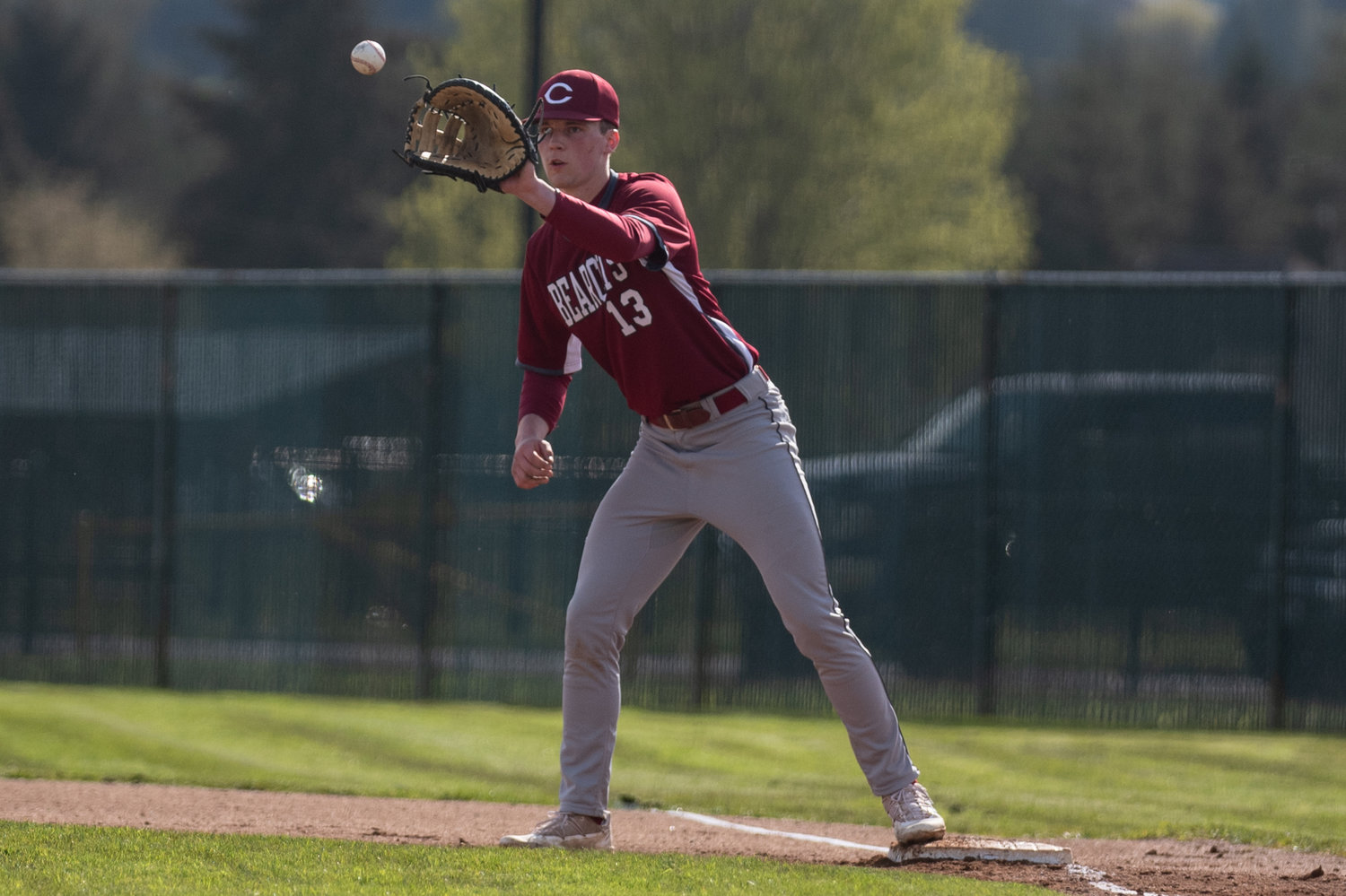 W.F. West first baseman Gavin Fugate makes an easy out at first against Centralia April 22 at Ed Wheeler Field.