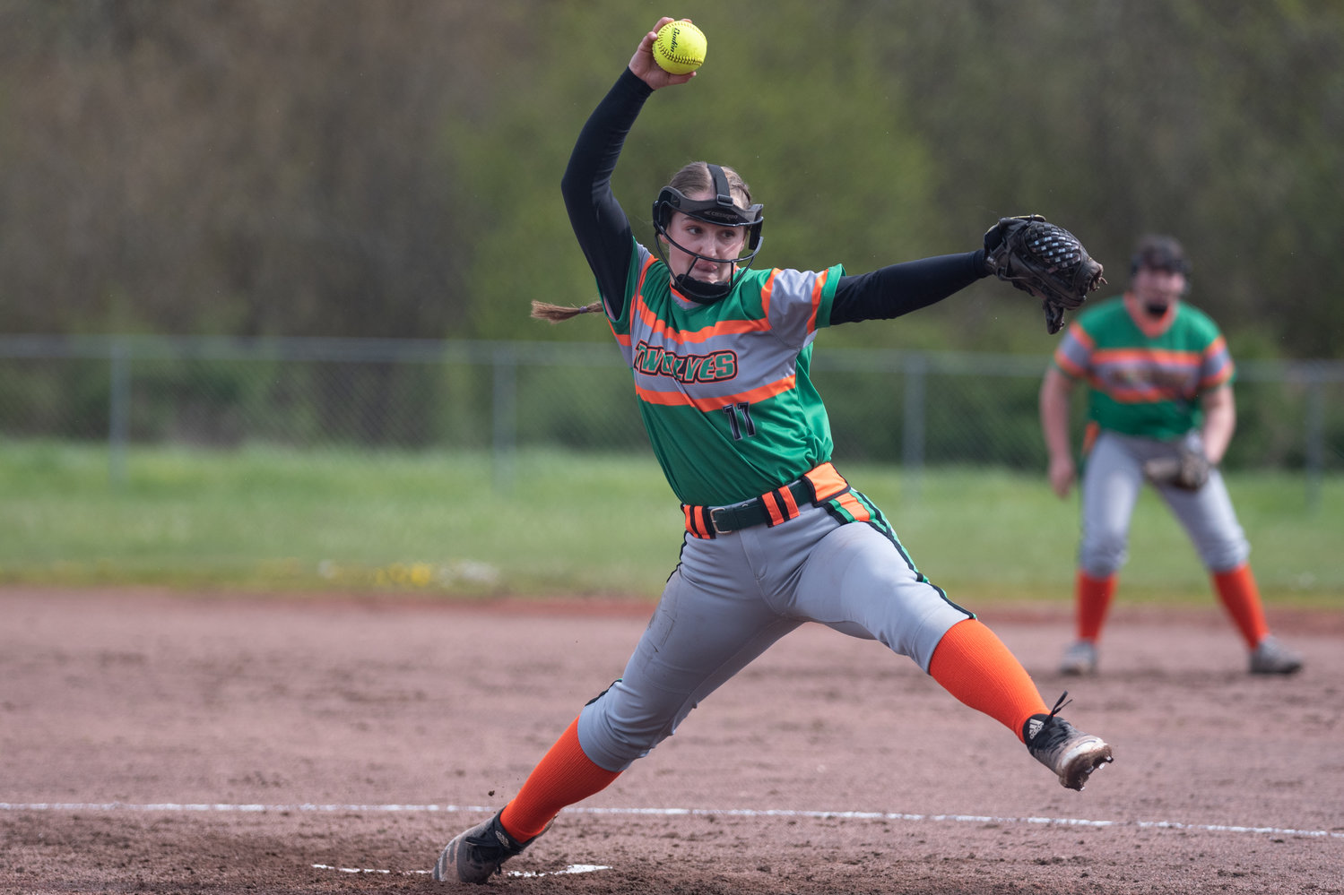 Morton-White Pass pitcher Emarey Hampton winds up to deliver against Toledo April 22 at the Toledo Softball Fields.