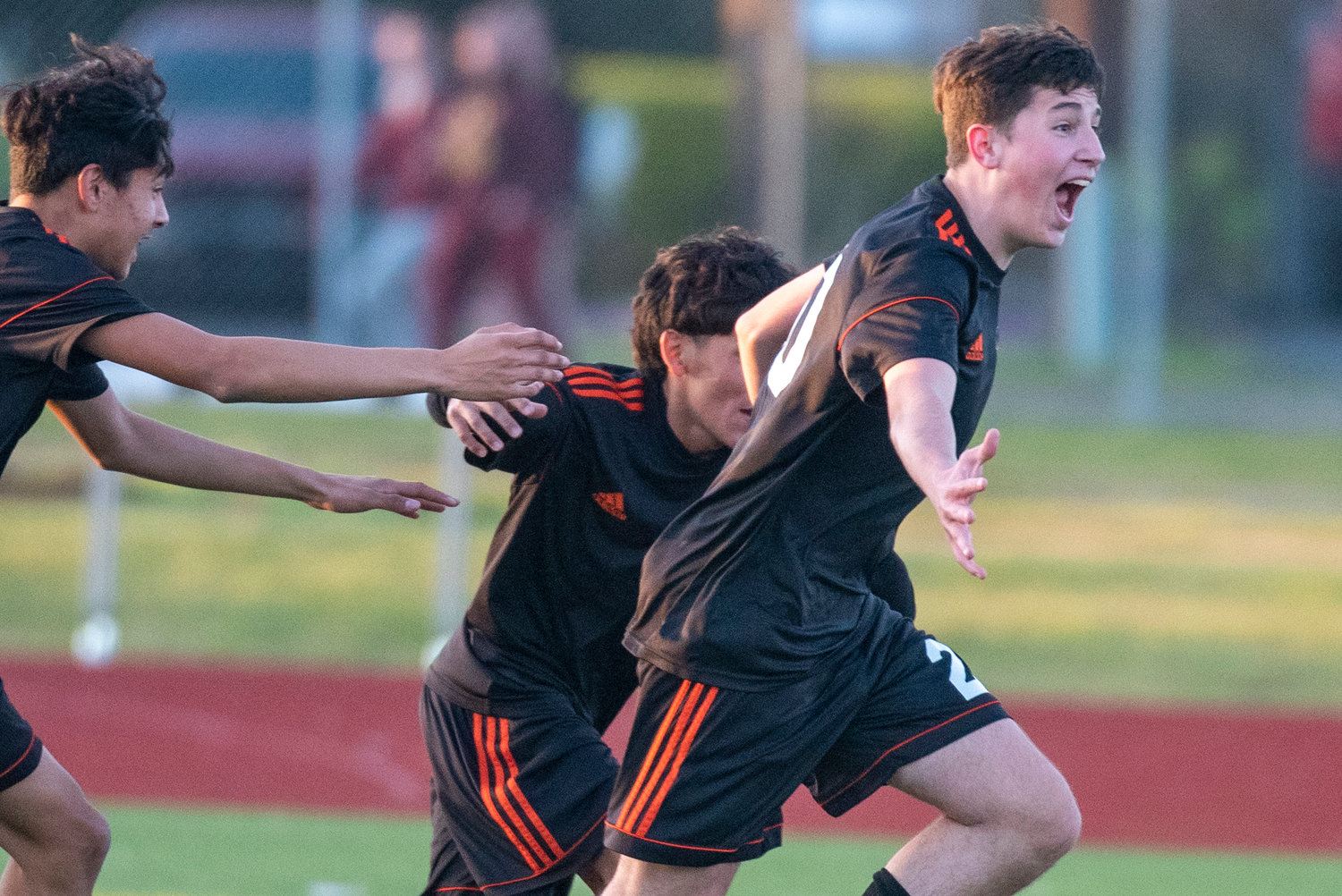 Centralia's Alan Cox, right, reacts after scoring the first goal of the game in the 10th minute against W.F. West on April 22.