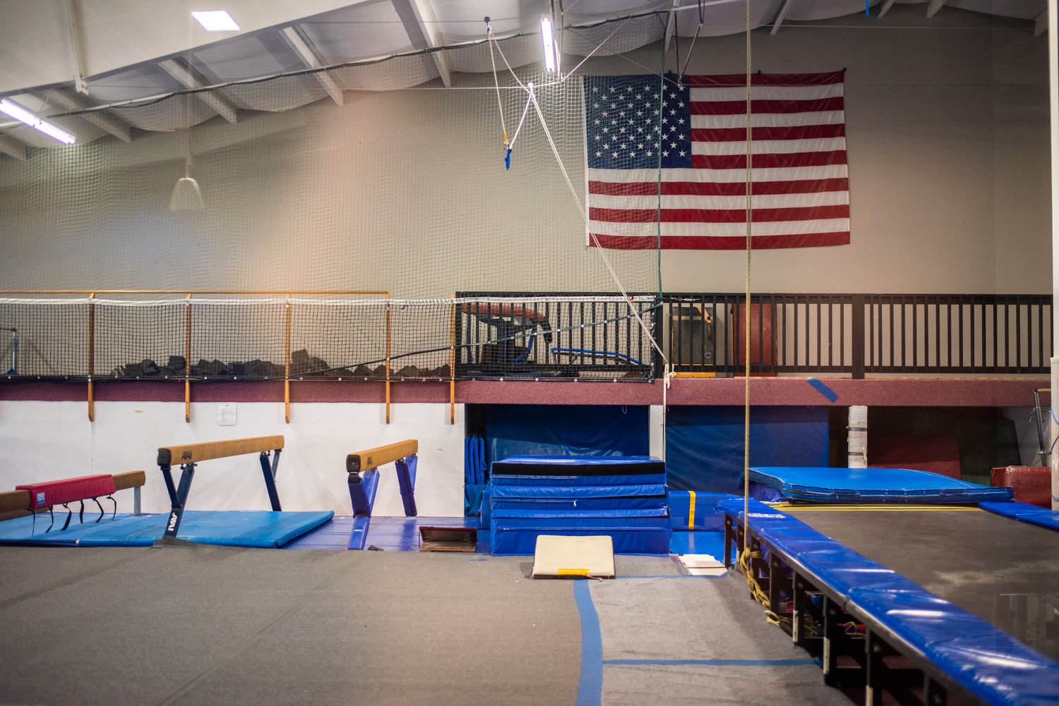 An American Flag hangs on display at the Thorbeckes gymnastics gym.