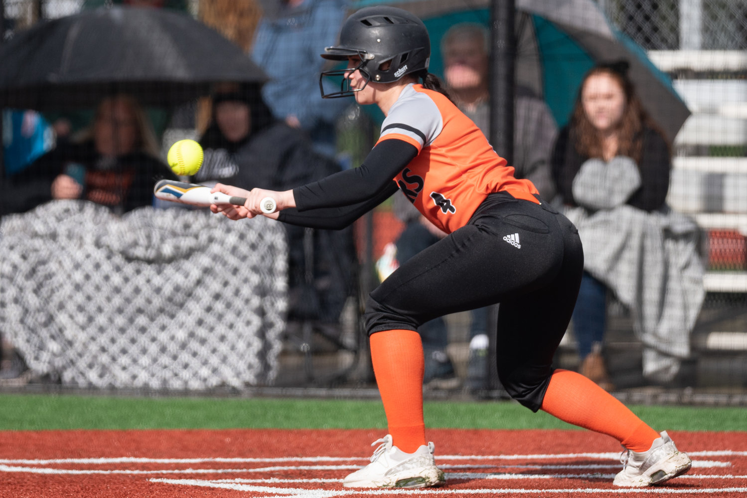 Centralia's Lily Babka lays down a bunt against W.F. West April 26 at Recreation Park.