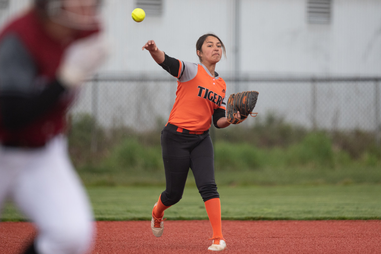 Centralia shortstop Makayla Chavez looks to throw an out at home plate against W.F. West April 26 at Recreation Park.