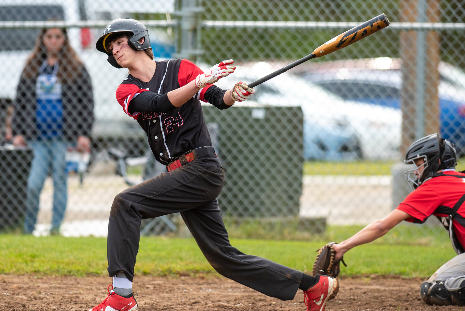 Mossyrock's Gunner Mulligan (24) takes a cut at an Oakville pitch during a road game on April 28.