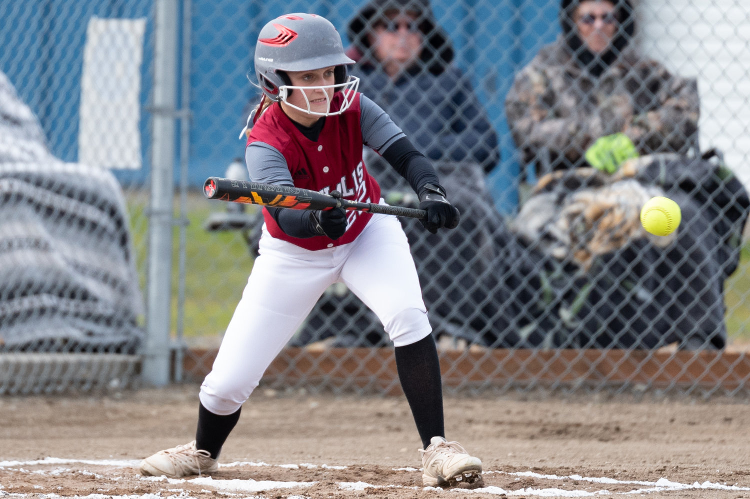 W.F. West infielder Avalon Myers looks to bunt against Rochester April 29.
