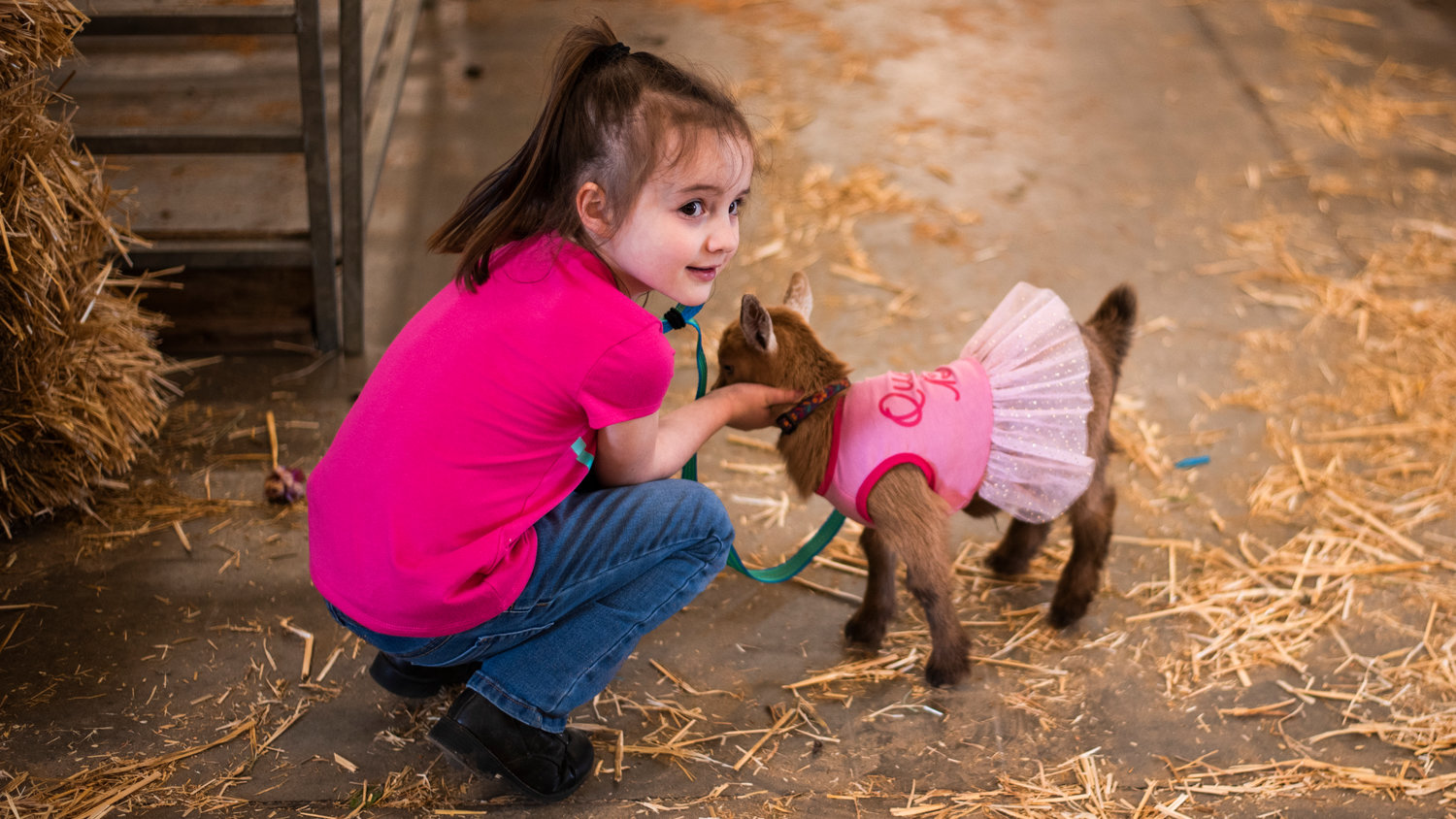 Annabelle, 5, pets her goat, which is clad in a princess dress for the Spring Youth Fair at the Southwest Washington Fairgrounds on Friday afternoon.