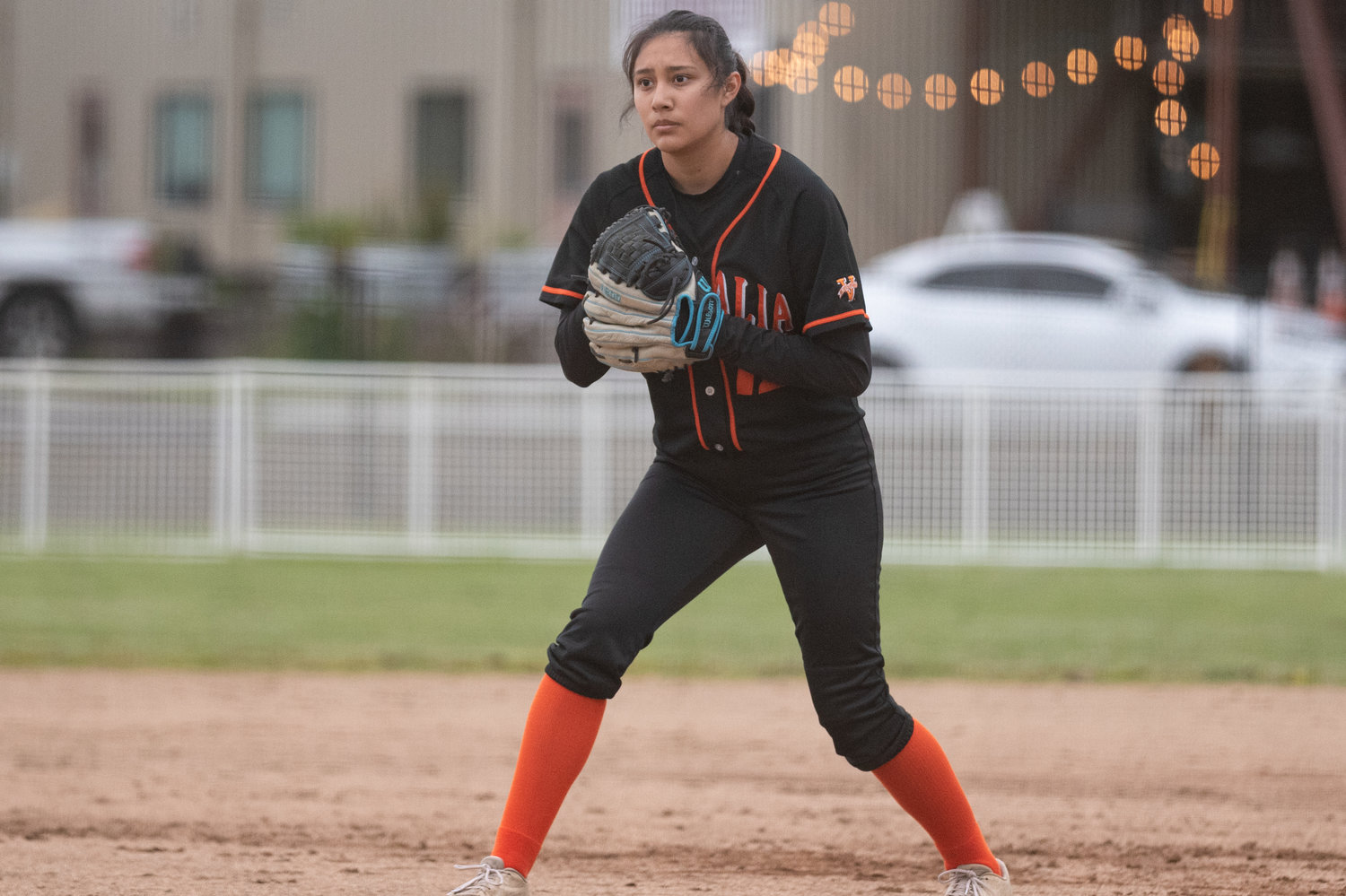 Centralia first baseman Jimena Luis prepares for a pitch and at-bat in the field against Shelton May 2.