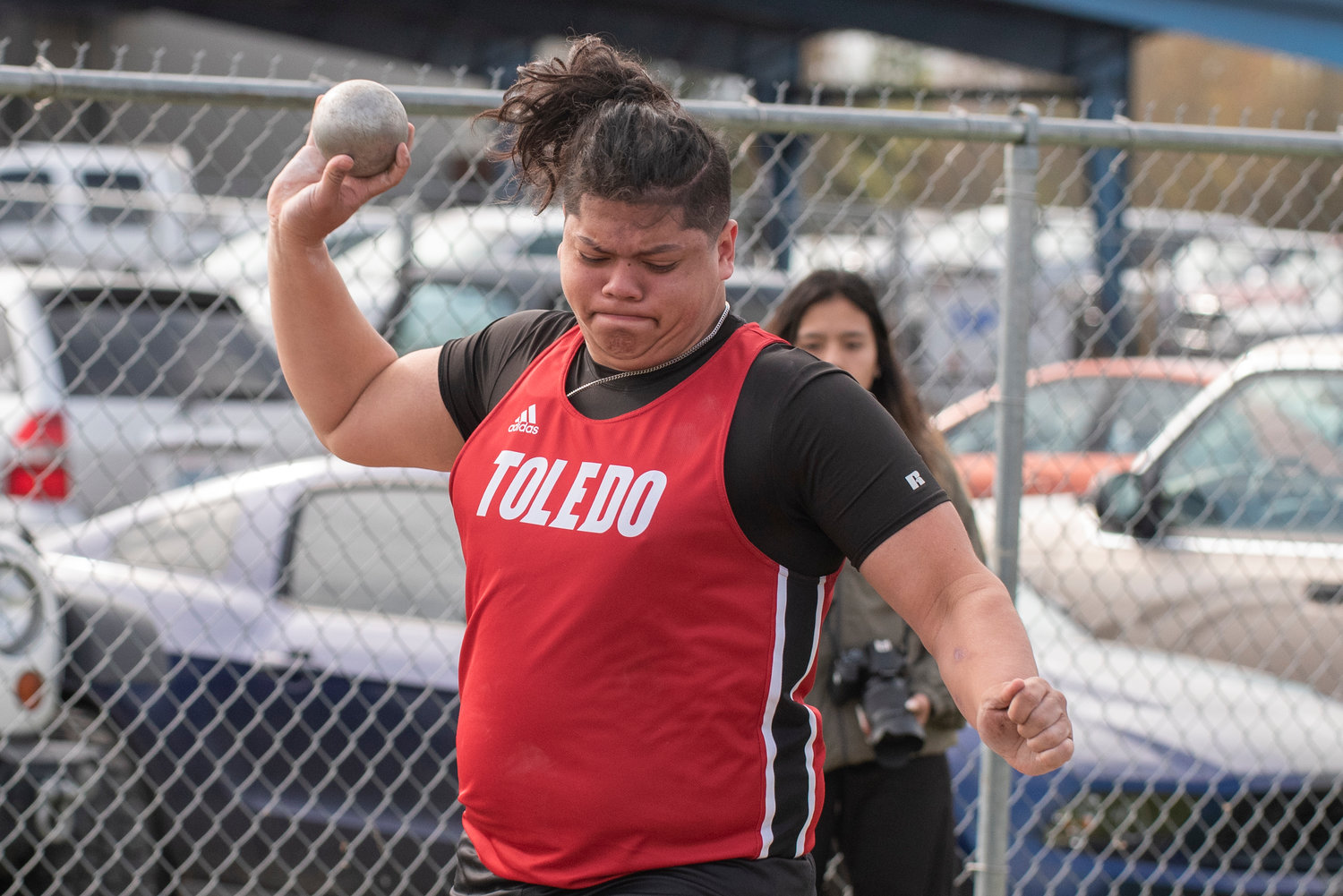 Toledo's Joshhill Tilton launches the shot put during the Pirate Classic in Adna on May 3.