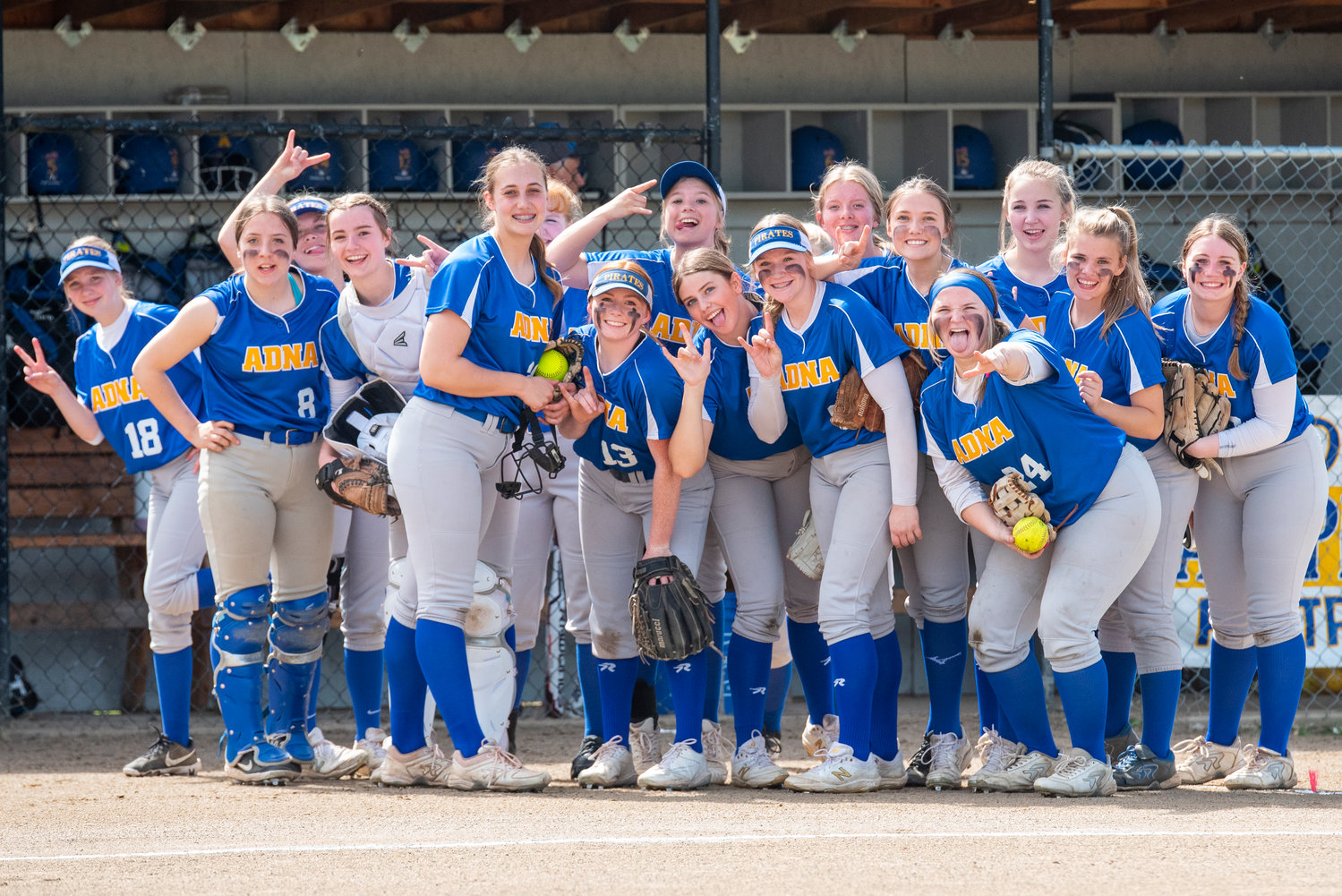 Adna softball poses for a photo before a home game against Onalaska on Wednesday, May 4.