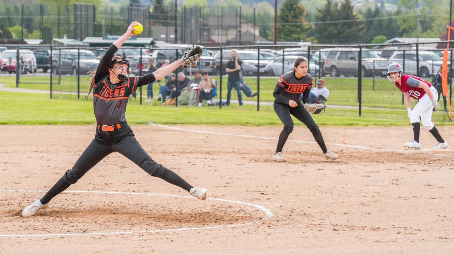 Centralia’s Peyton Smith (7) streches out to throw a pitch during a game against W.F. West on Wednesday.