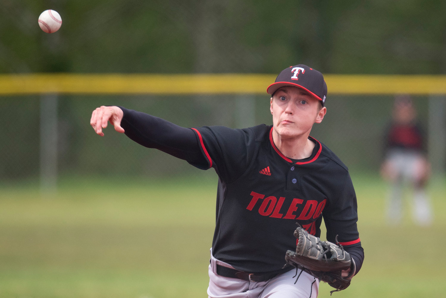 Toledo's Caiden Schultz delivers a pitch to a Wahkiakum batter during a district playoff game in South Bend on Saturday, May 7.