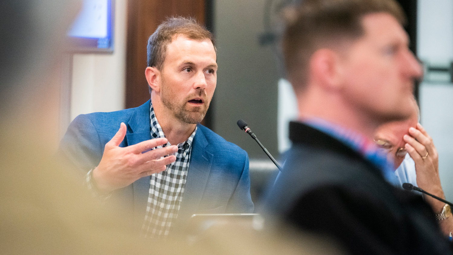 Commissioner Sean Swope gestures during an ARPA and Infrastructure Initiatives Stakeholders Meeting Friday morning at the Historic Lewis County Courthouse in Chehalis.