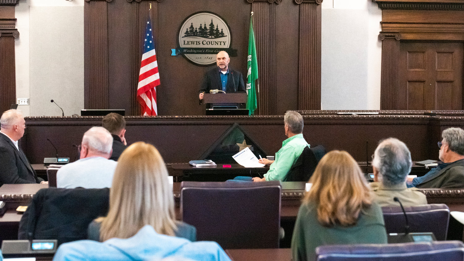 Todd Chaput, with the Lewis County Economic Alliance, speaks during an ARPA and Infrastructure Initiatives Stakeholders Meeting in the commissioners’ hearing room at the Historic Lewis County Courthouse in Chehalis Friday morning.