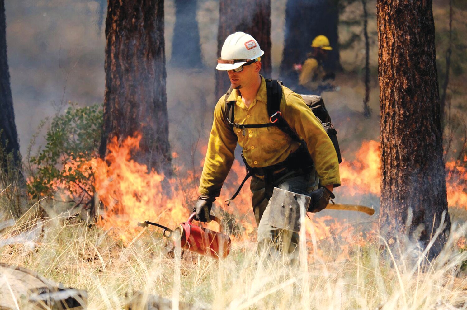 In this May 14, 2021, photo provided by the High Desert Museum, U.S. Forest Service firefighters carry out a prescribed burn on the grounds of the High Desert Museum, near Bend, Oregon. The prescribed burn is part of a massive effort in wildlands across the West to prepare for a fire season that follows the worst one on record.