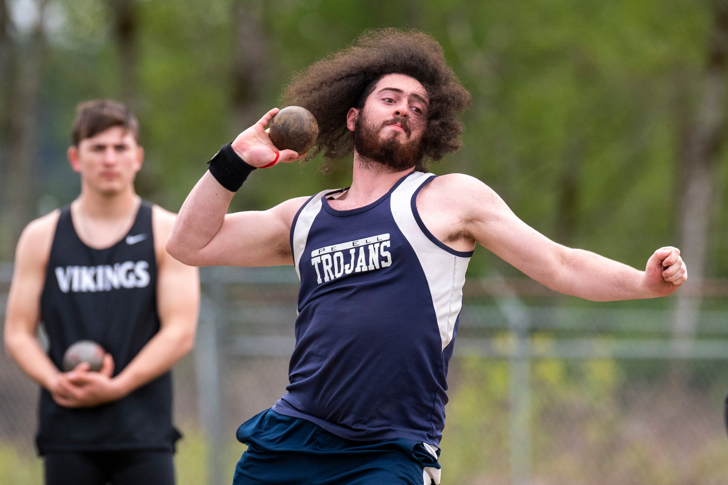 Pe Ell's Wyatt Marrs prepares to launch the shot put at districts on May 11 in Raymond.