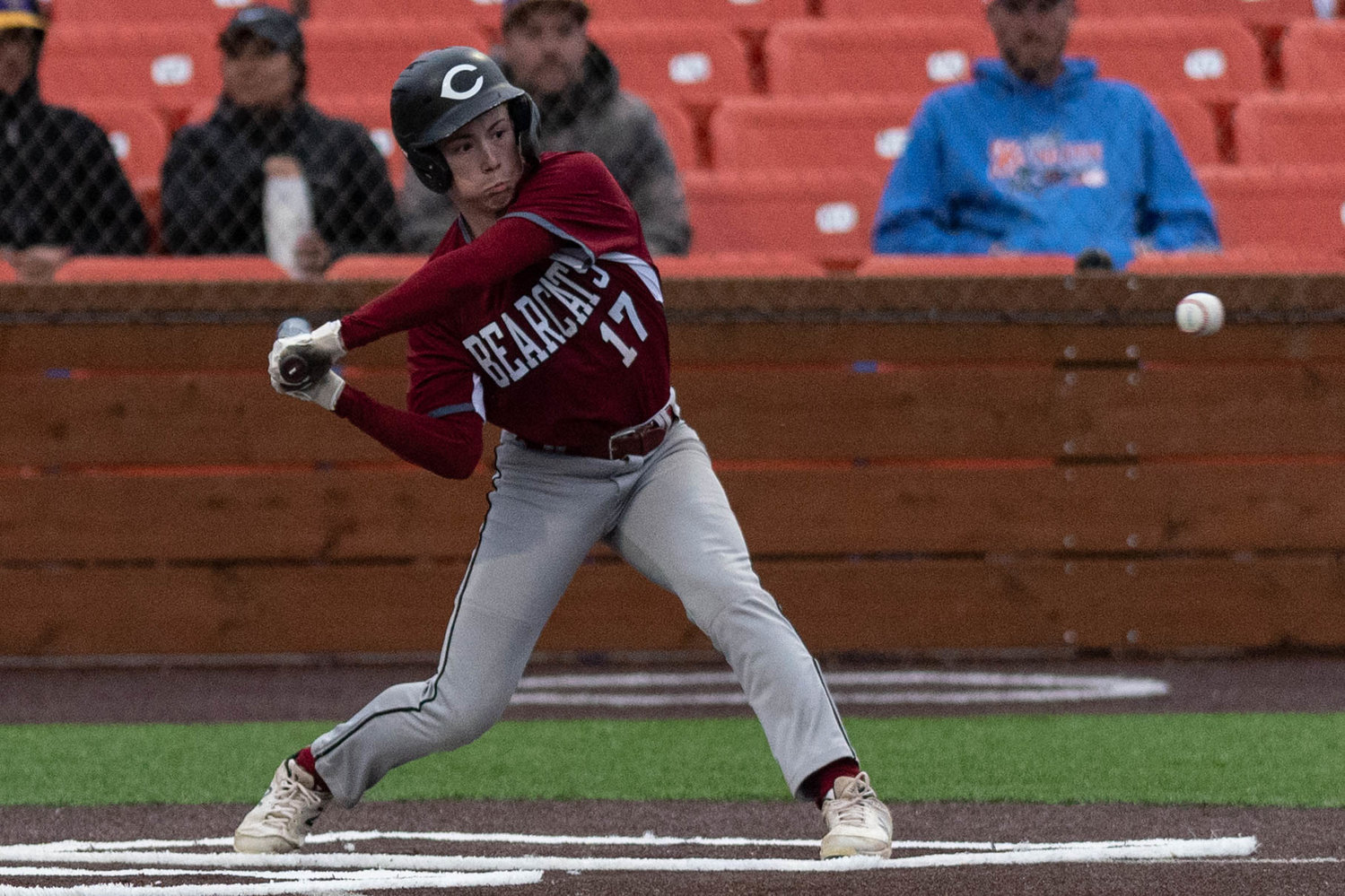 W.F. West's Ross Kelley swings at a pitch against Columbia River in the 2A District 4 semifinals May 11 at Ridgefield.