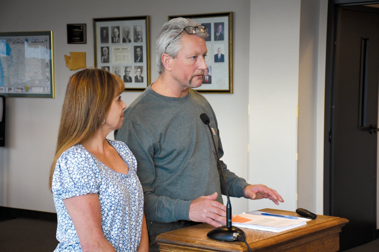 Kevin and Melody Hicks, who are planning to build an RV park behind the Security State Bank lot on National Avenue in Chehalis, give public comment at Monday’s Chehalis City Council meeting, expressing concern over the city’s blanket traffic impact analysis requirement, which they say is hampering the progression of their planned development.