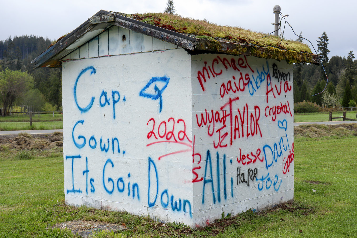 An outbuilding signed by Pe Ell super seniors awaiting graduation sits beside state Route 6 near Pe Ell. Graduation day for Pe Ell School is June 17.