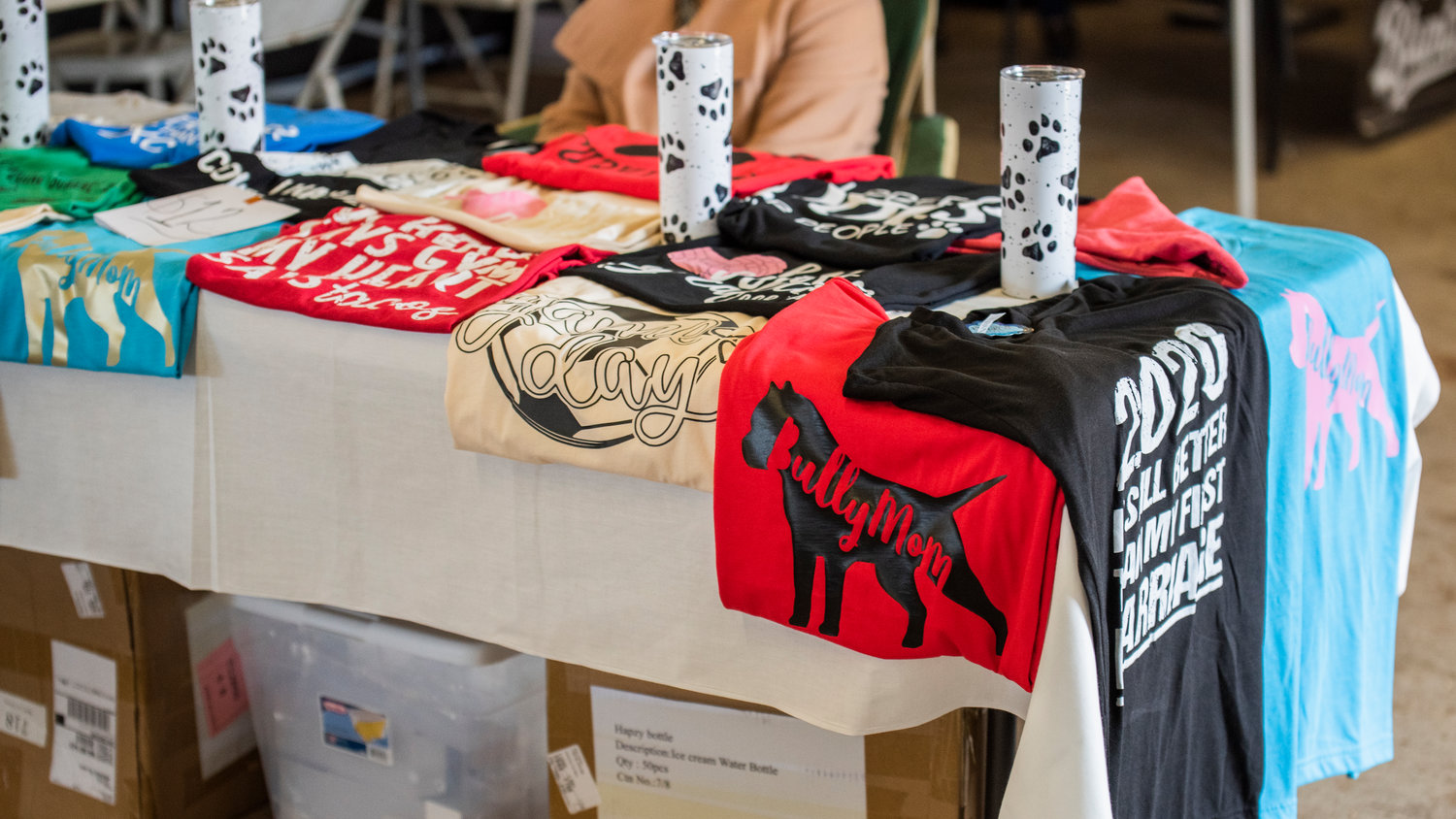 Bully merchandise sits on display at the Southwest Washington Fairgrounds in Centralia Saturday morning.