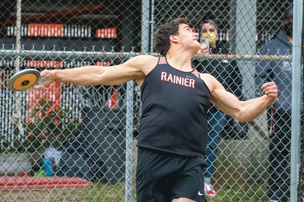 Rainier's Jeremiah Nubbe uncorks a throw in the boys discus at the Central 2B League championships in Rainier on Friday. May 13.