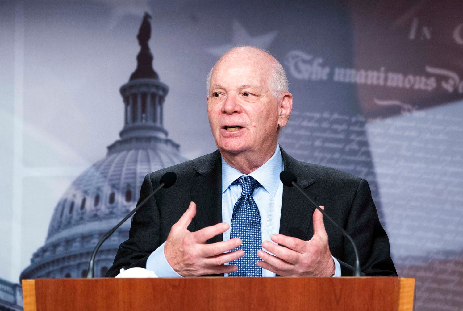 Sen. Ben Cardin (D-MD) speaks during a news conference on Capitol Hill on March 23, 2021, in Washington, D.C., calling for extended COIVD-19 financial relief for small businesses. (Kevin Dietsch/Pool/Getty Images/TNS)