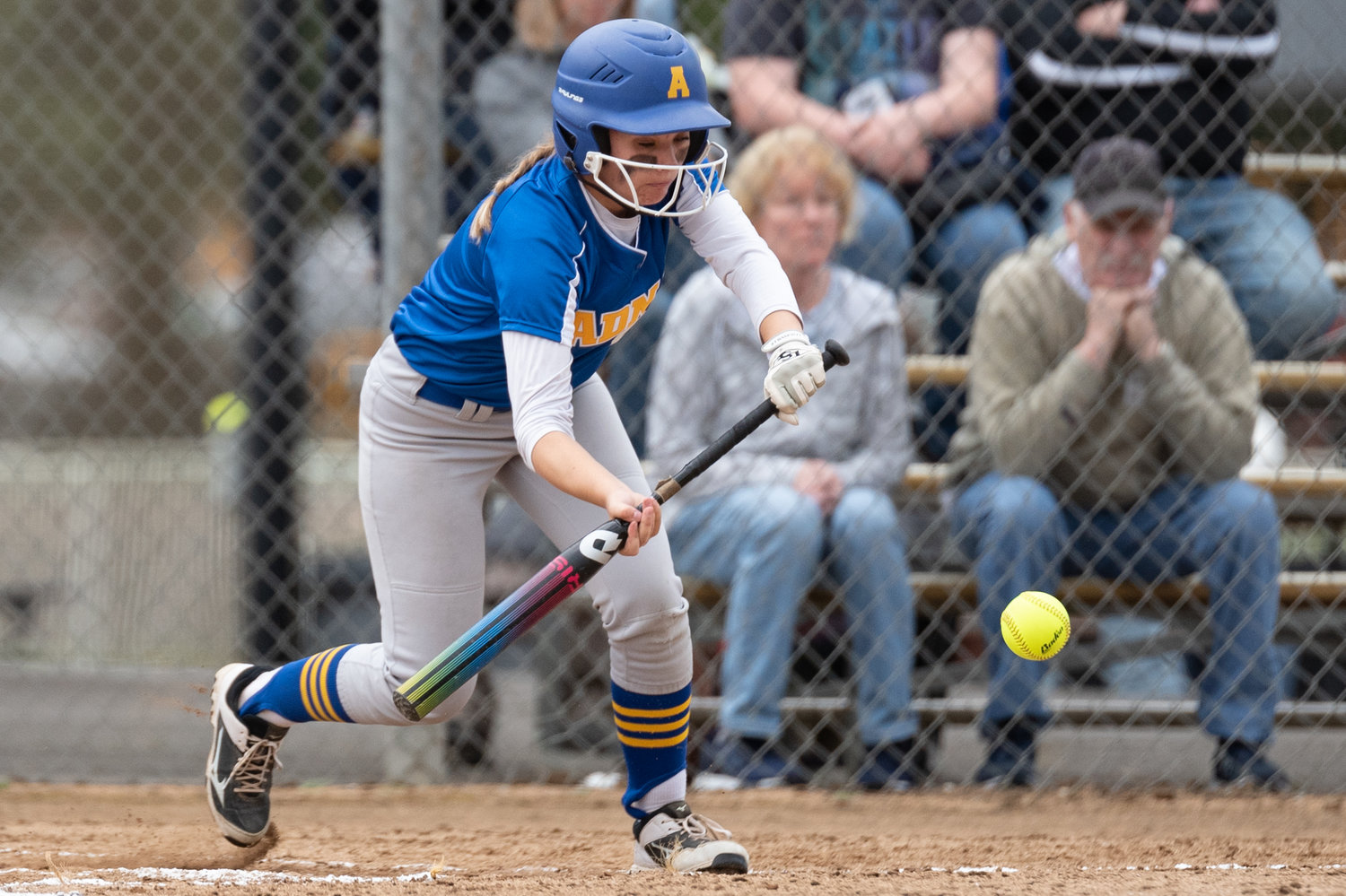 Adna's Gracie Beaulieu lays down a bunt against Toutle Lake in the 2B District 4 tournament at Fort Borst Park May 20.