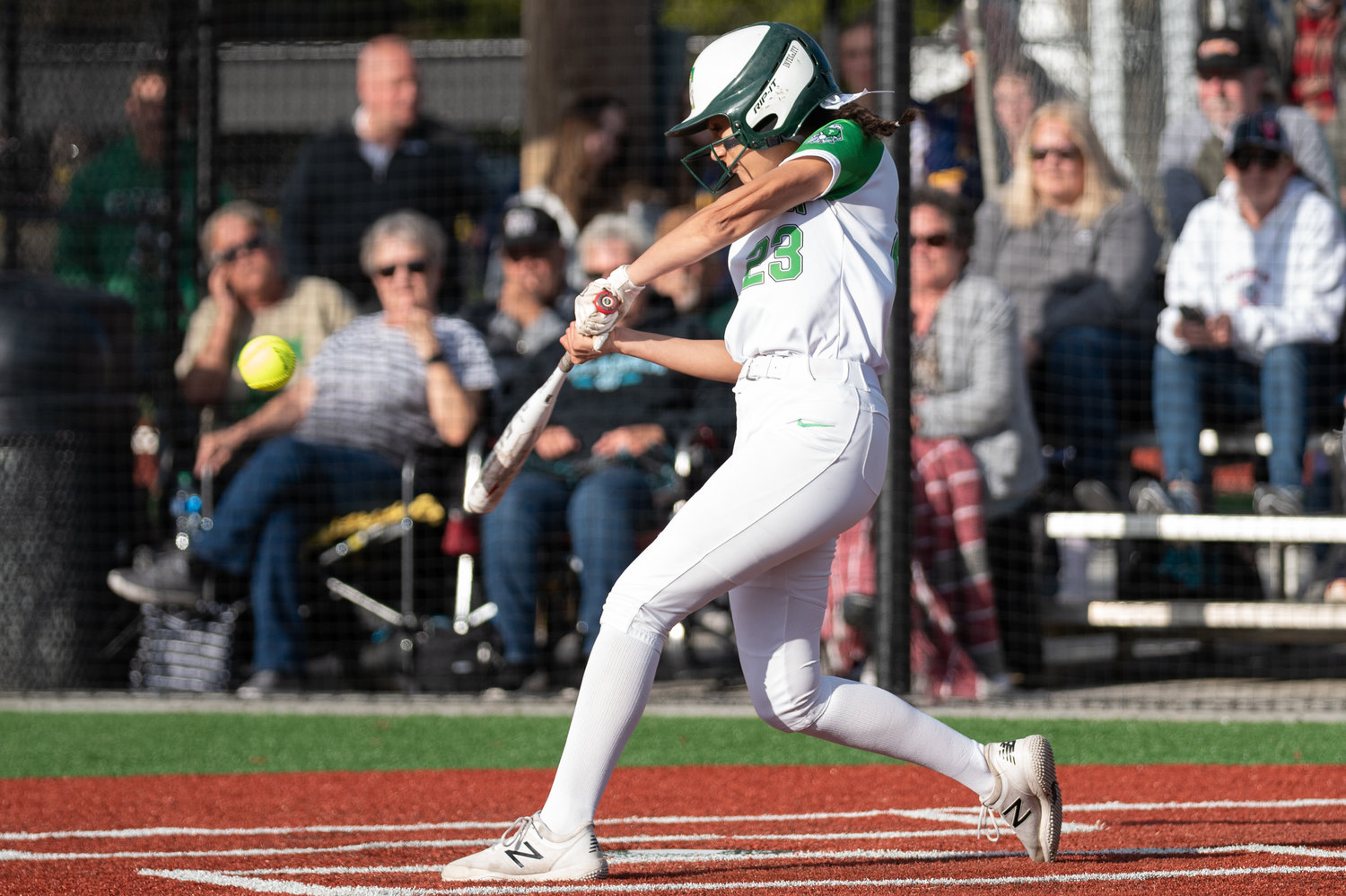 Tumwater's Jaylene Manriquez makes contact with a pitch against W.F. West in the 2A District 4 championship game at Rec Park May 20.
