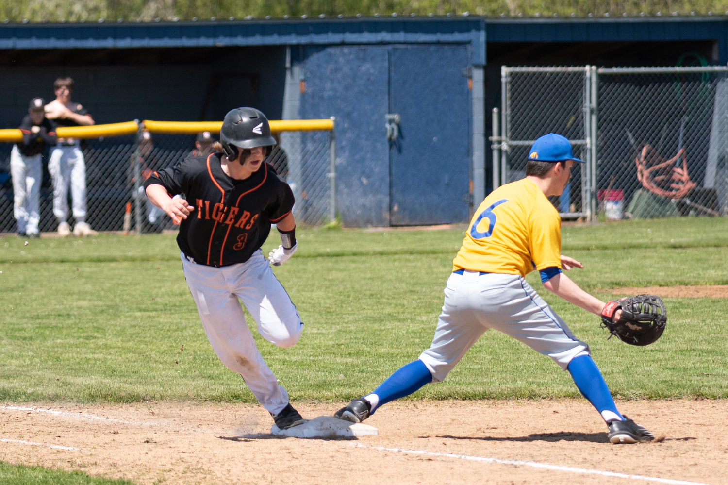 Napavine baserunner Scott Burdick hits first base before the ball reaches the first baseman against Colfax in the 2B State Regional Round at Adna High School May 21.