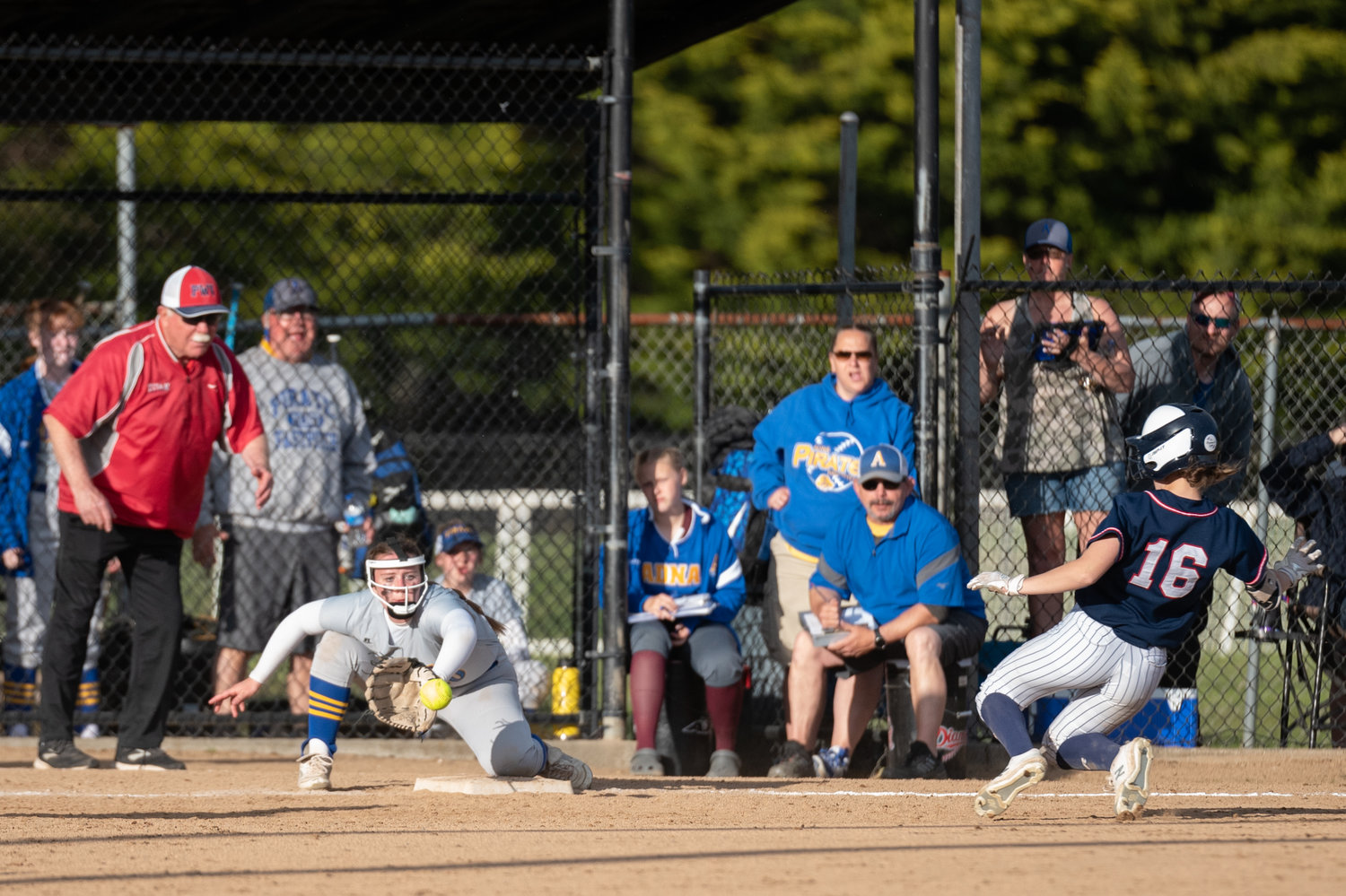 Adna third baseman Ashlee VonMoos can't hold on to a ball while PWV's Lauren Matlock slides into third in the 2B District 4 softball championship game at Fort Borst Park in Centralia May 21.