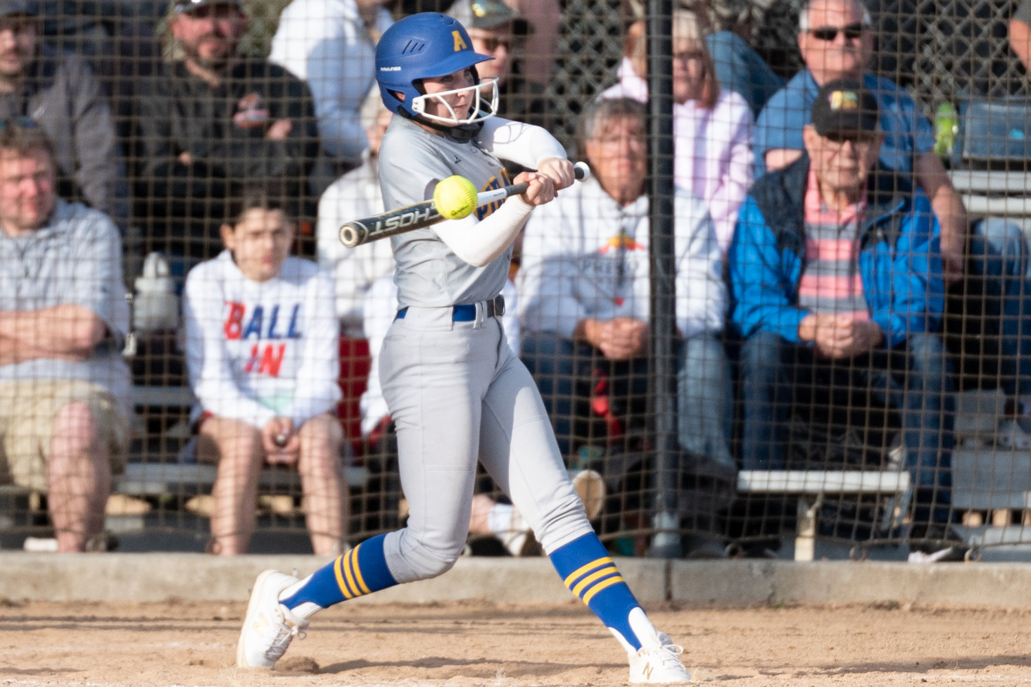 Adna's Danika Hallom makes contact with a pitch against PWV in the 2B District 4 softball championship game at Fort Borst Park in Centralia May 21.