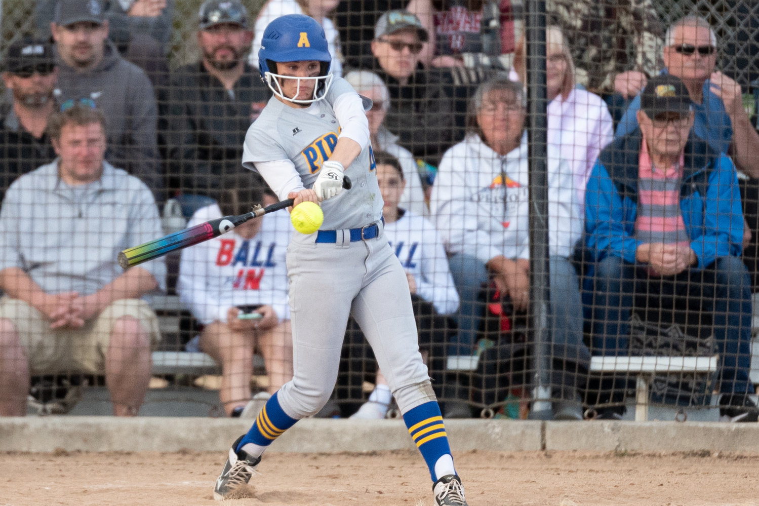 Adna's Grace Beaulieu makes contact with a pitch against PWV in the 2B District 4 softball championship game at Fort Borst Park in Centralia May 21.