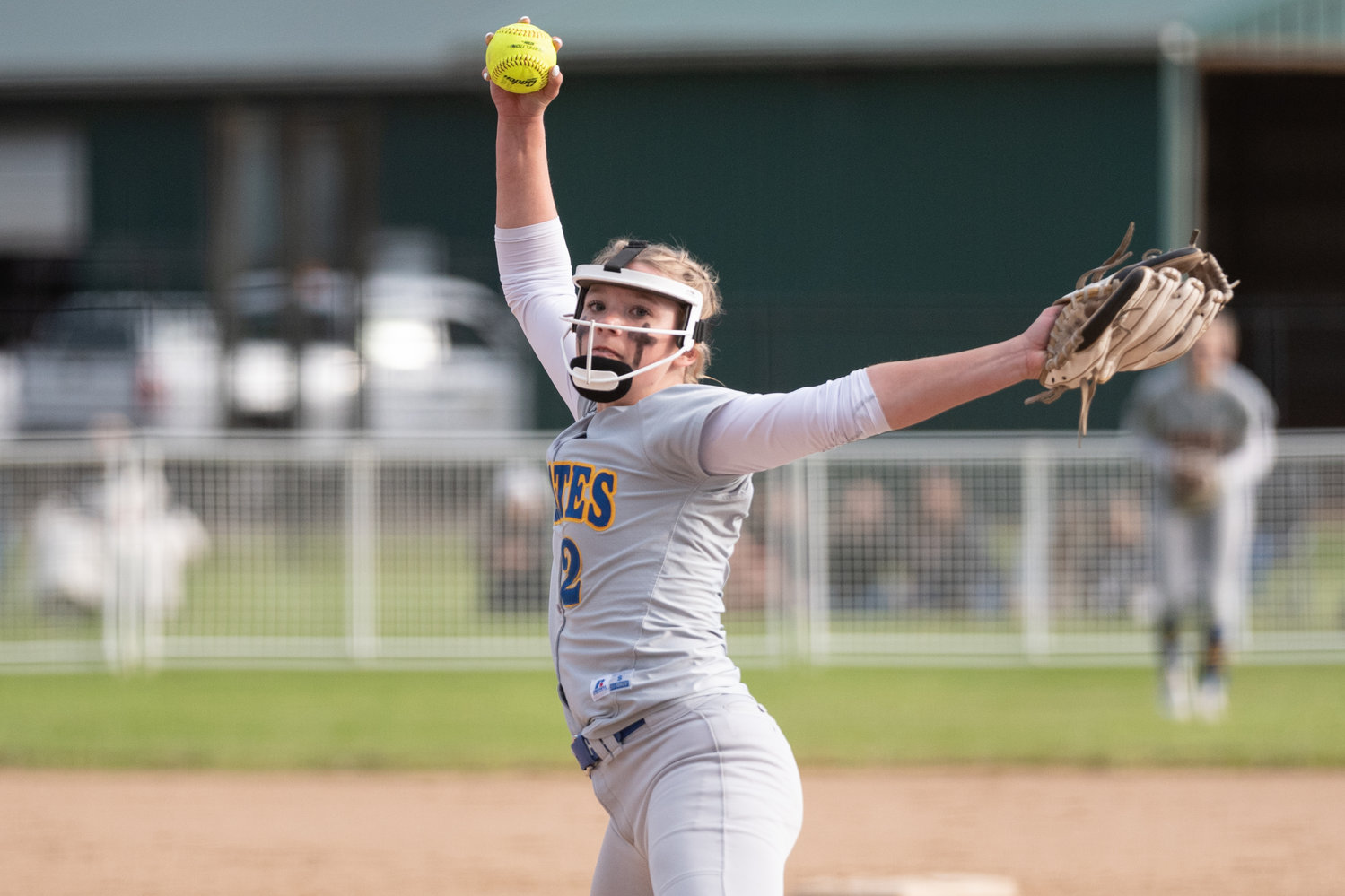 Adna's Ava Simms winds up to deliver a pitch against PWV in the 2B District 4 softball championship game at Fort Borst Park in Centralia May 21.