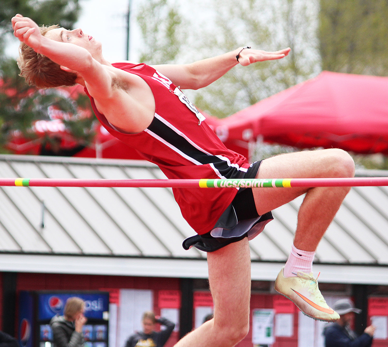 Toledo's Conner Olmstead clears the high jump bar during the State 1B/2B/1A Track and Field Championships in Cheney, Washington on May 27, 2022.