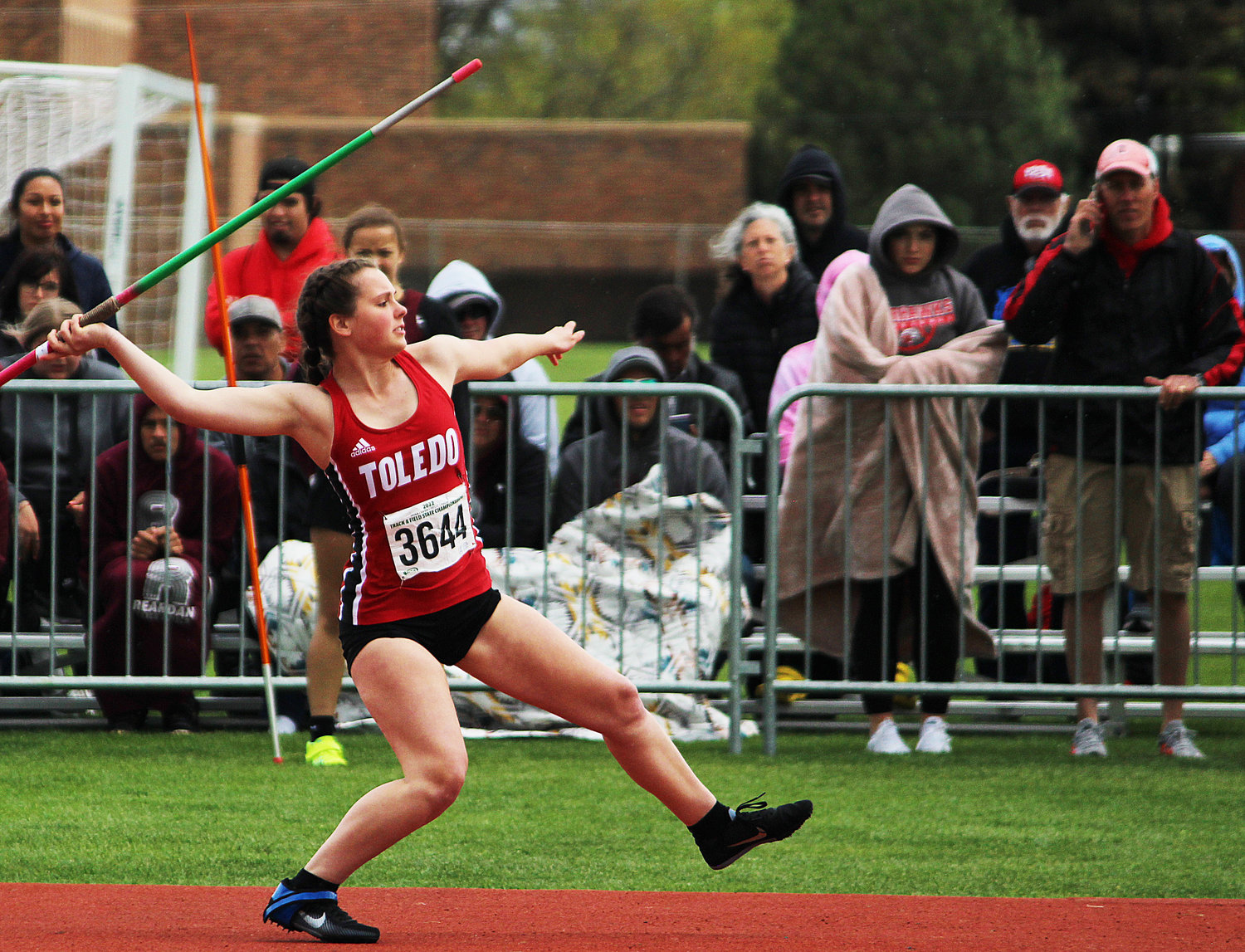 Toledo's Lyndzie Filla plants her foot for a javelin throw during the State 1B/2B/1A Track and Field Championships in Cheney, Washington on May 27, 2022.
